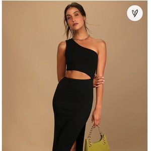 Lulu's- Spice Things Up Black Ribbed One-Shoulder Cutout Midi Dress